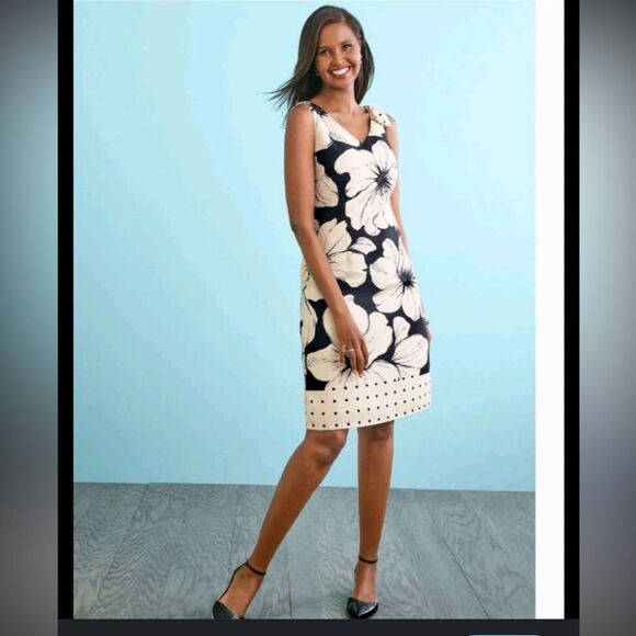 TALBOTS Black and White Floral Shift Sleeveless Shift Dress w/Bow Womens Size 10 - Picture 2 of 14